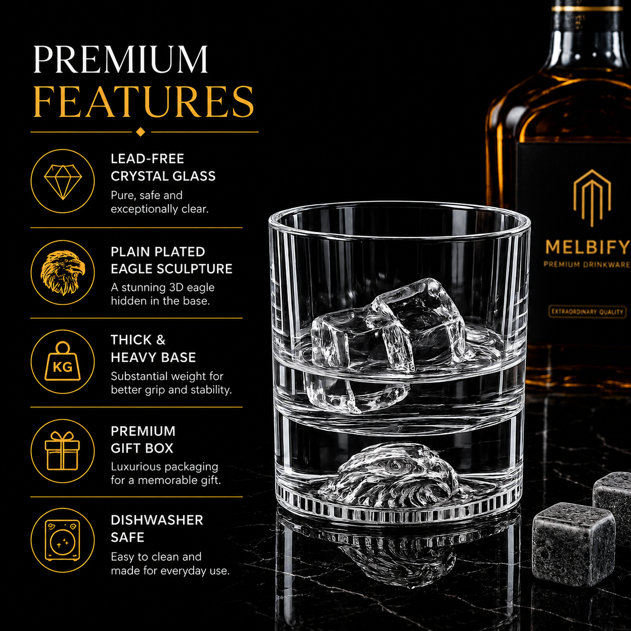 Melbify Plain Eagle Whiskey Glass |300 ml | Animal Whiskey Glass | Old Fashioned Whiskey Glass| Premium | Unique| Big| Broad | Round Whiskey Glass with Thick Bottom