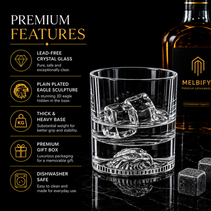 Melbify Plain Eagle Whiskey Glass |300 ml | Animal Whiskey Glass | Old Fashioned Whiskey Glass| Premium | Unique| Big| Broad | Round Whiskey Glass with Thick Bottom