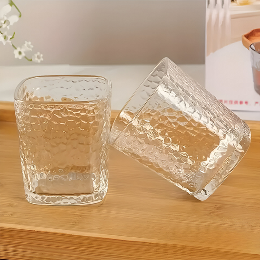 Melbify Japanese Square Hammered Dotted Whiskey Glasses | Volume=370ML | Premium |  | Rocks Glasses | Perfect for Whiskey, Scotch, Rum, and Cognac