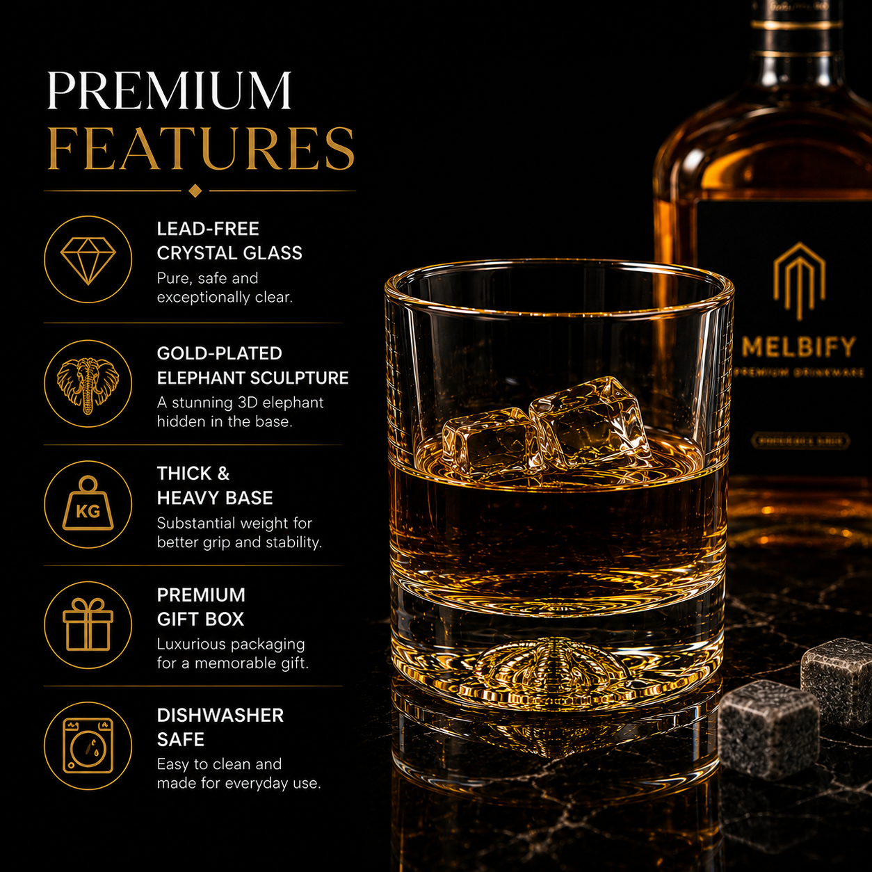 Melbify Elephant Whiskey Glass | 300 ml | Golden Whiskey Glasses|Big| Unique| Broad |Thick| Premium |Thick Bottom | Premium | Speciality Whiskey Glass | Gold Plated
