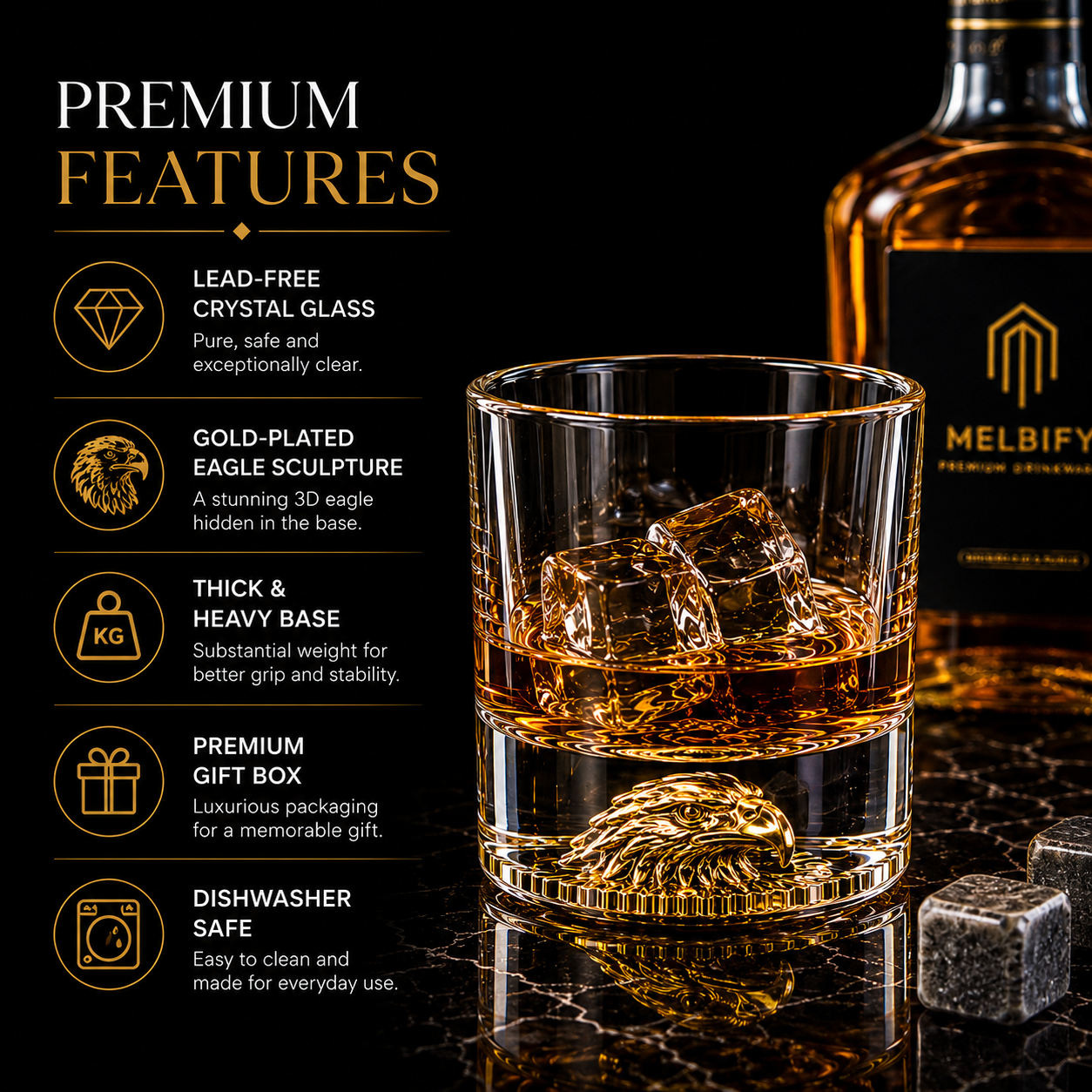 Melbify Eagle Whiskey Glass | 300 ml | Whiskey Glass Set | Golden Whiskey Glasses|Big| Unique| Broad |Thick| Premium | Thick Bottom | Premium | Speciality Whiskey Glass | Gold Plated
