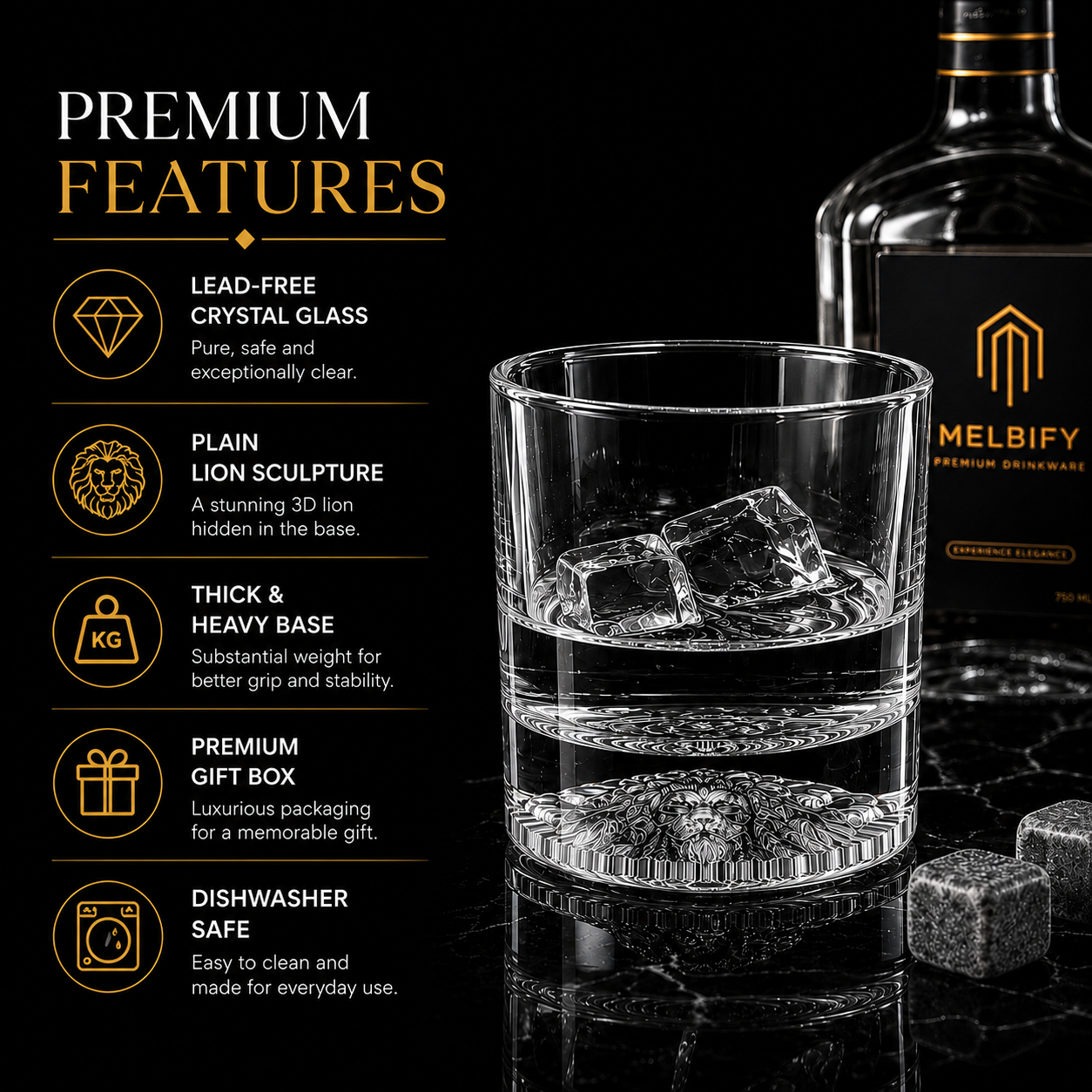 Melbify Plain Lion Whiskey Glass | 300 ml | Animal Whiskey Glass| Whiskey Glass with Lion Symbol | Premium | Unique| Big | Thick | Rock Whiskey Glass