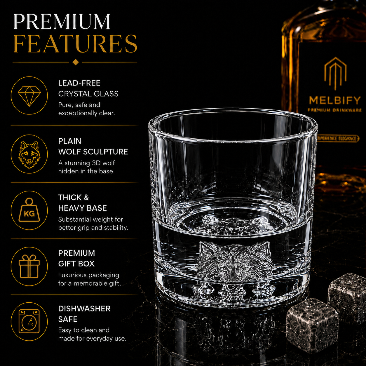 Melbify Plain Wolf Whiskey Glass | Animal Whiskey Glass | Premium | Unique | Big | Broad | Old Fashioned Whiskey Glass| Round Whiskey Glass with Thick Bottom | 300ml