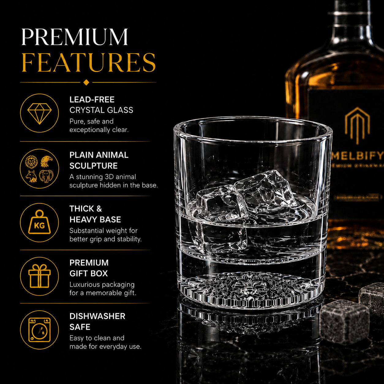 Melbify Plain Animal Combo Whiskey Glasses | Set of 4 | 300 ML|Old Fashioned Glass|Thick Bottom Rocks Glasses| 2 Times Heavier| Perfect for Serving Whiskey,Rum,Scotch,Vodka,Gin & Tequila