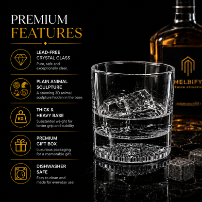 Melbify Plain Animal Combo Whiskey Glasses | Set of 4 | 300 ML|Old Fashioned Glass|Thick Bottom Rocks Glasses| 2 Times Heavier| Perfect for Serving Whiskey,Rum,Scotch,Vodka,Gin & Tequila