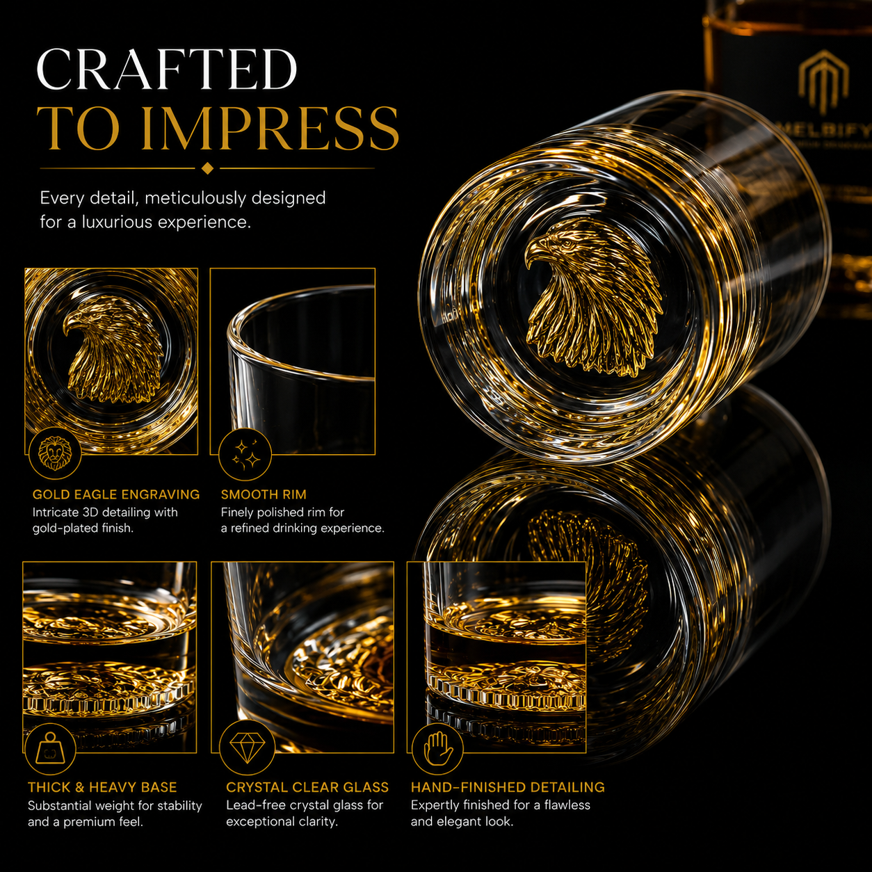 Melbify Eagle Whiskey Glass | 300 ml | Whiskey Glass Set | Golden Whiskey Glasses|Big| Unique| Broad |Thick| Premium | Thick Bottom | Premium | Speciality Whiskey Glass | Gold Plated