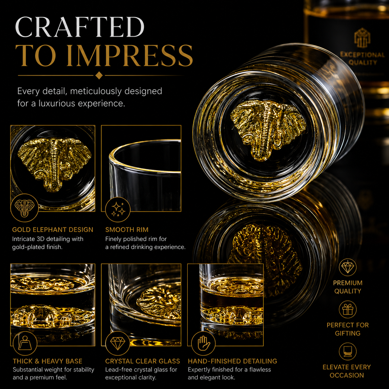 Melbify Elephant Whiskey Glass | 300 ml | Golden Whiskey Glasses|Big| Unique| Broad |Thick| Premium |Thick Bottom | Premium | Speciality Whiskey Glass | Gold Plated