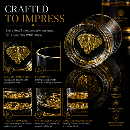 Melbify Elephant Whiskey Glass | 300 ml | Golden Whiskey Glasses|Big| Unique| Broad |Thick| Premium |Thick Bottom | Premium | Speciality Whiskey Glass | Gold Plated