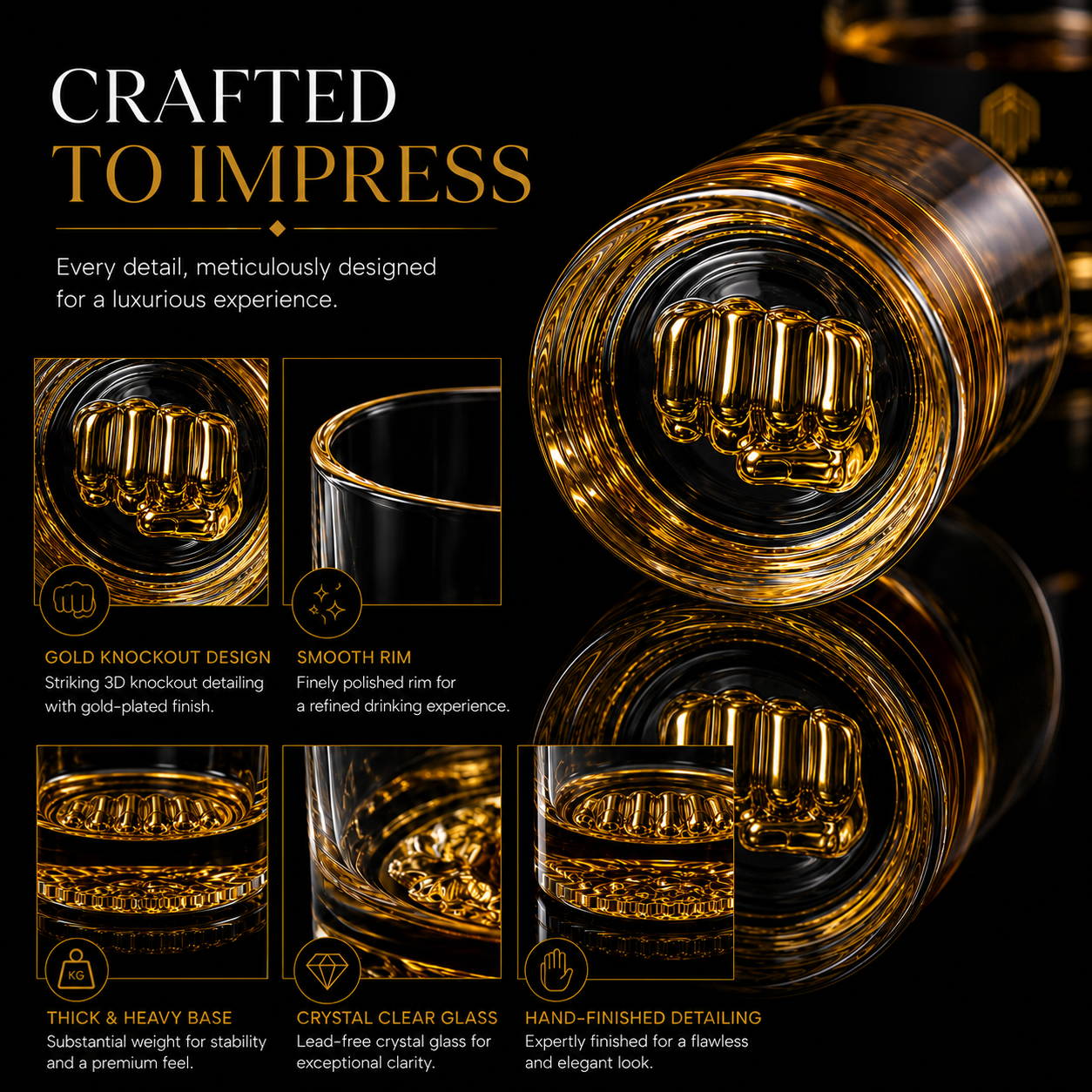 Melbify Boxing Whiskey Glass | 300 ml |Premium | Unique| Big| Broad | Royal | High end| Expensive| Golden Plated Whiskey Glass| Whiskey Glass for Boxing Lovers