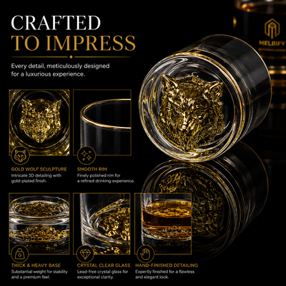 Melbify Wolf Whiskey Glass | 300 ml | Animal Whiskey Glass | Golden Whiskey Glass | Premium | Unique| Big| Broad | Round Whiskey Glass with Thick Bottom