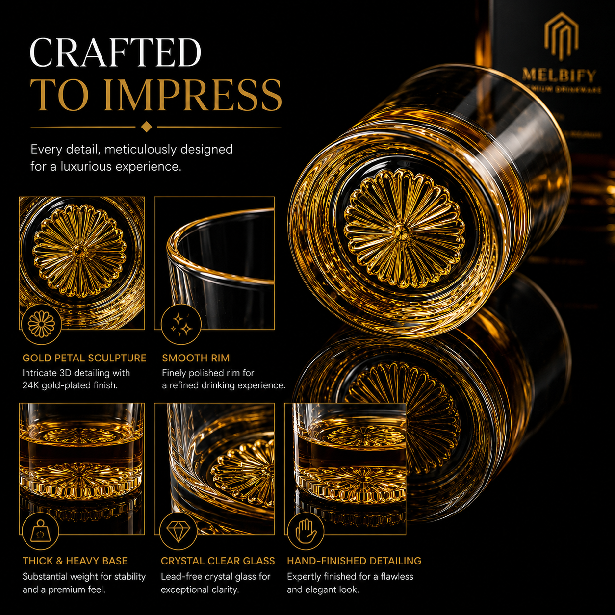 Melbify Italian Petal Whiskey Glasses | Artistic | Elegant | Premium | Royal | Luxurious Designer Whiskey Glasses | High end Expensive Whiskey Glasses with Gold Plated Bottom | 300 ml