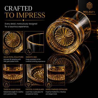 Melbify Italian Petal Whiskey Glasses | Artistic | Elegant | Premium | Royal | Luxurious Designer Whiskey Glasses | High end Expensive Whiskey Glasses with Gold Plated Bottom | 300 ml