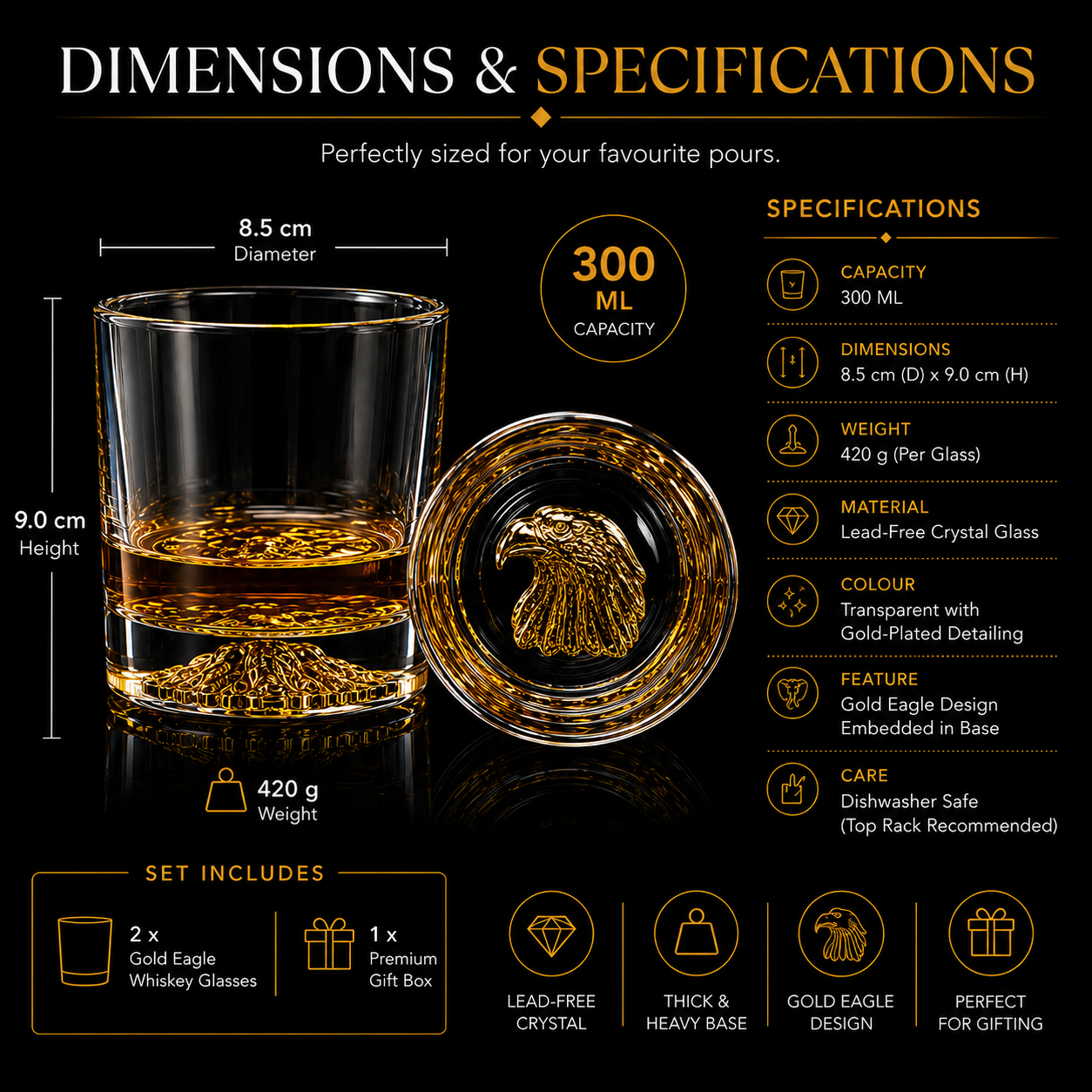 Melbify Eagle Whiskey Glass | 300 ml | Whiskey Glass Set | Golden Whiskey Glasses|Big| Unique| Broad |Thick| Premium | Thick Bottom | Premium | Speciality Whiskey Glass | Gold Plated