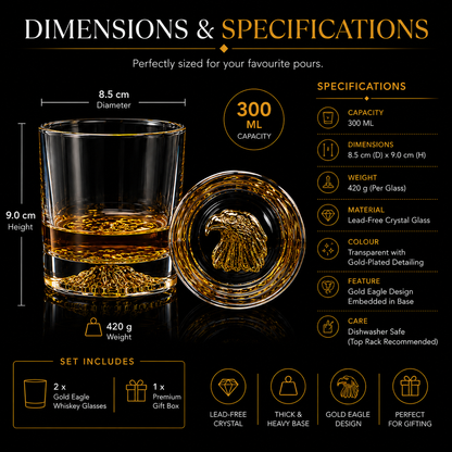 Melbify Eagle Whiskey Glass | 300 ml | Whiskey Glass Set | Golden Whiskey Glasses|Big| Unique| Broad |Thick| Premium | Thick Bottom | Premium | Speciality Whiskey Glass | Gold Plated