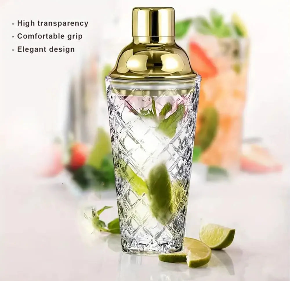 Melbify Cocktail Shaker Glass with Stainless Steel Lid | 400 ML | Bar Shaker Bottle | Filter Function Layer | Mixing for Cocktails, Mocktails, Martini,Juices | Luxury Home Bar Shaker (Copy)