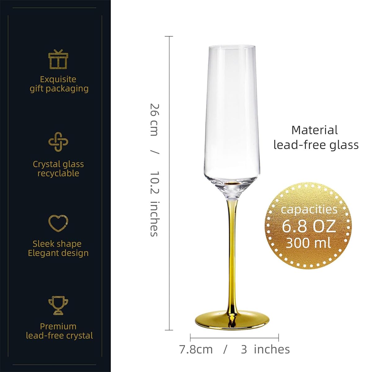 Melbify Gold Stem Champagne Glass | 300 ml | Imported Wine Glasses | Luxury Wine Glass Set | Fancy Designer Wine Glasses | Unique Gift Pack