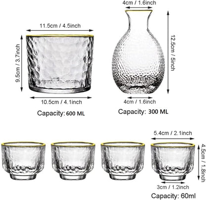 Japanese Sake Glass Set with Chiller Bowl | 6 Pcs Set | Bowl(600ml),Carafe(300ml) & 4 Cups(60 ml)