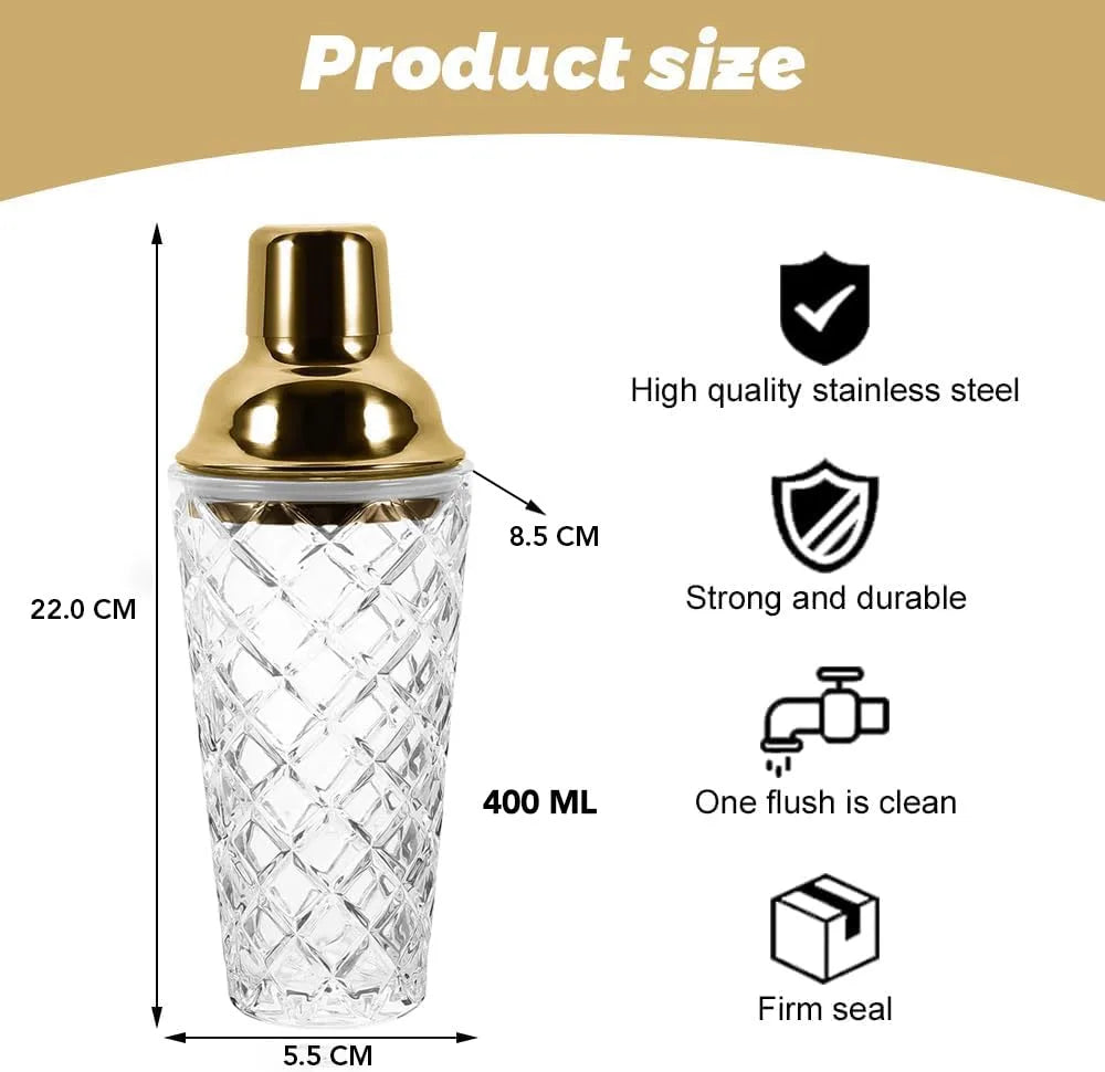 Melbify Cocktail Shaker Glass with Stainless Steel Lid | 400 ML | Bar Shaker Bottle | Filter Function Layer | Mixing for Cocktails, Mocktails, Martini,Juices | Luxury Home Bar Shaker (Copy)