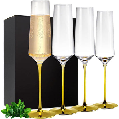 Melbify Gold Stem Champagne Glass | 300 ml | Imported Wine Glasses | Luxury Wine Glass Set | Fancy Designer Wine Glasses | Unique Gift Pack