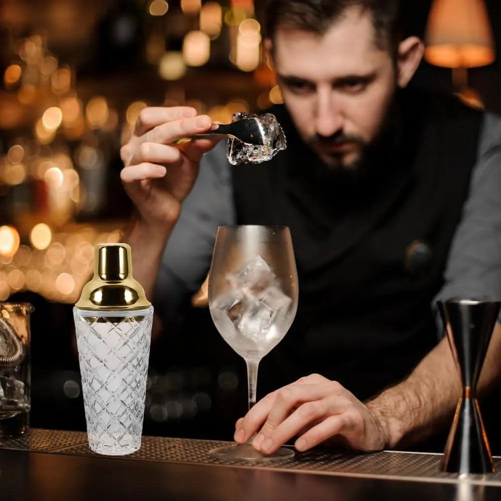 Melbify Cocktail Shaker Glass with Stainless Steel Lid | 400 ML | Bar Shaker Bottle | Filter Function Layer | Mixing for Cocktails, Mocktails, Martini,Juices | Luxury Home Bar Shaker (Copy)