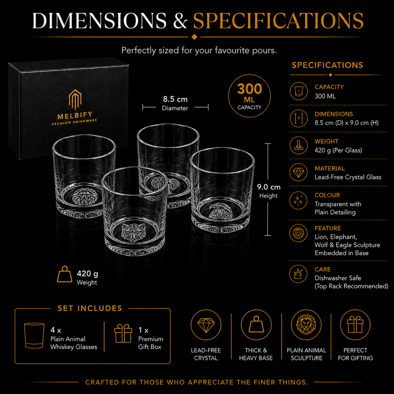 Melbify Plain Animal Combo Whiskey Glasses | Set of 4 | 300 ML|Old Fashioned Glass|Thick Bottom Rocks Glasses| 2 Times Heavier| Perfect for Serving Whiskey,Rum,Scotch,Vodka,Gin & Tequila