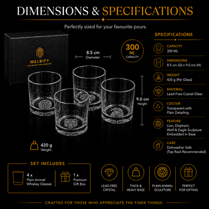 Melbify Plain Animal Combo Whiskey Glasses | Set of 4 | 300 ML|Old Fashioned Glass|Thick Bottom Rocks Glasses| 2 Times Heavier| Perfect for Serving Whiskey,Rum,Scotch,Vodka,Gin & Tequila