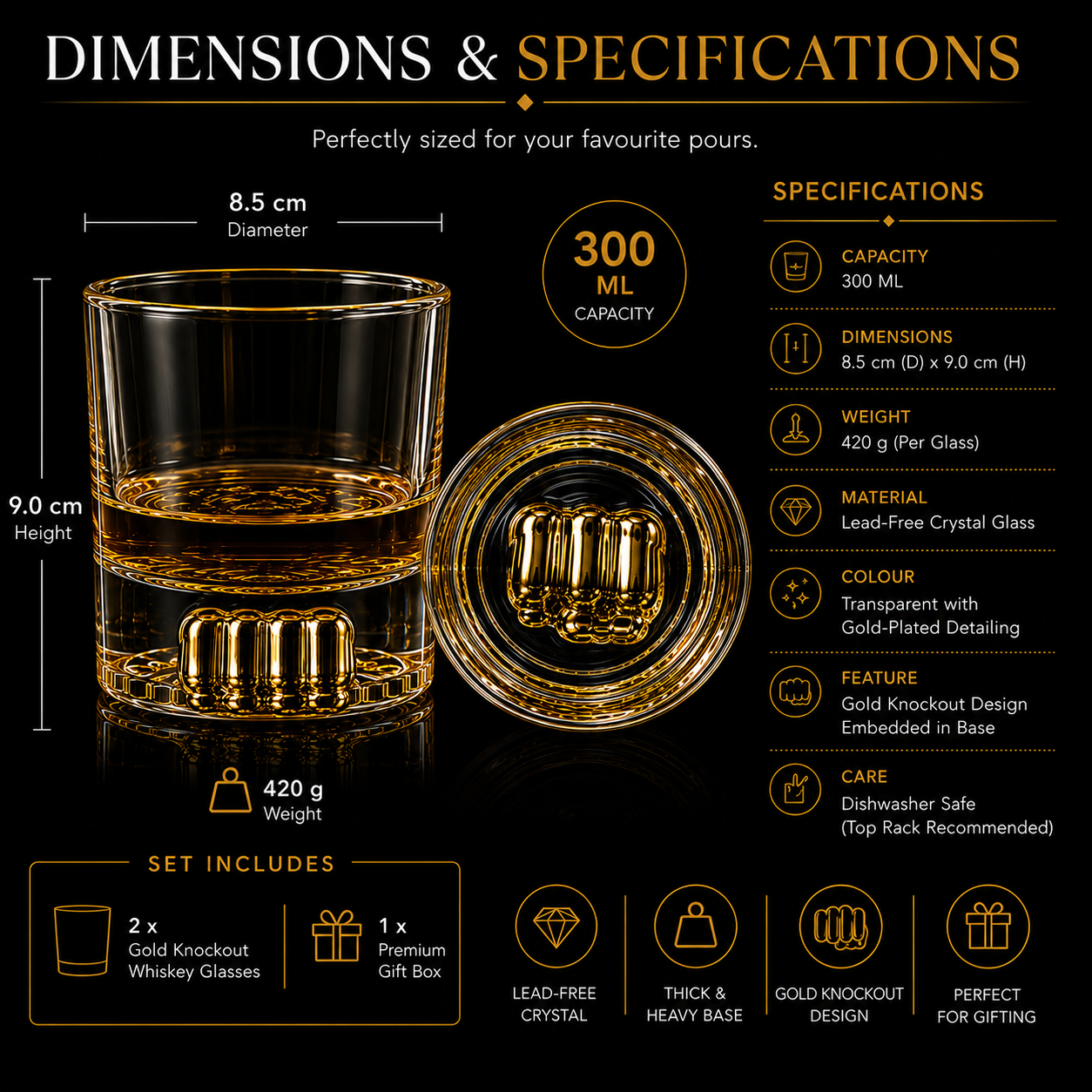 Melbify Boxing Whiskey Glass | 300 ml |Premium | Unique| Big| Broad | Royal | High end| Expensive| Golden Plated Whiskey Glass| Whiskey Glass for Boxing Lovers