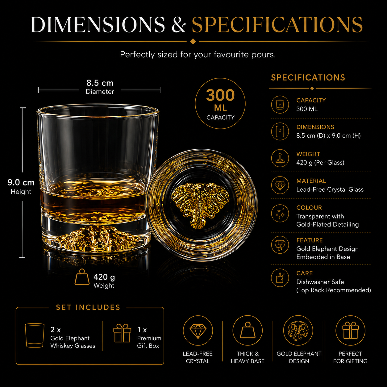 Melbify Elephant Whiskey Glass | 300 ml | Golden Whiskey Glasses|Big| Unique| Broad |Thick| Premium |Thick Bottom | Premium | Speciality Whiskey Glass | Gold Plated