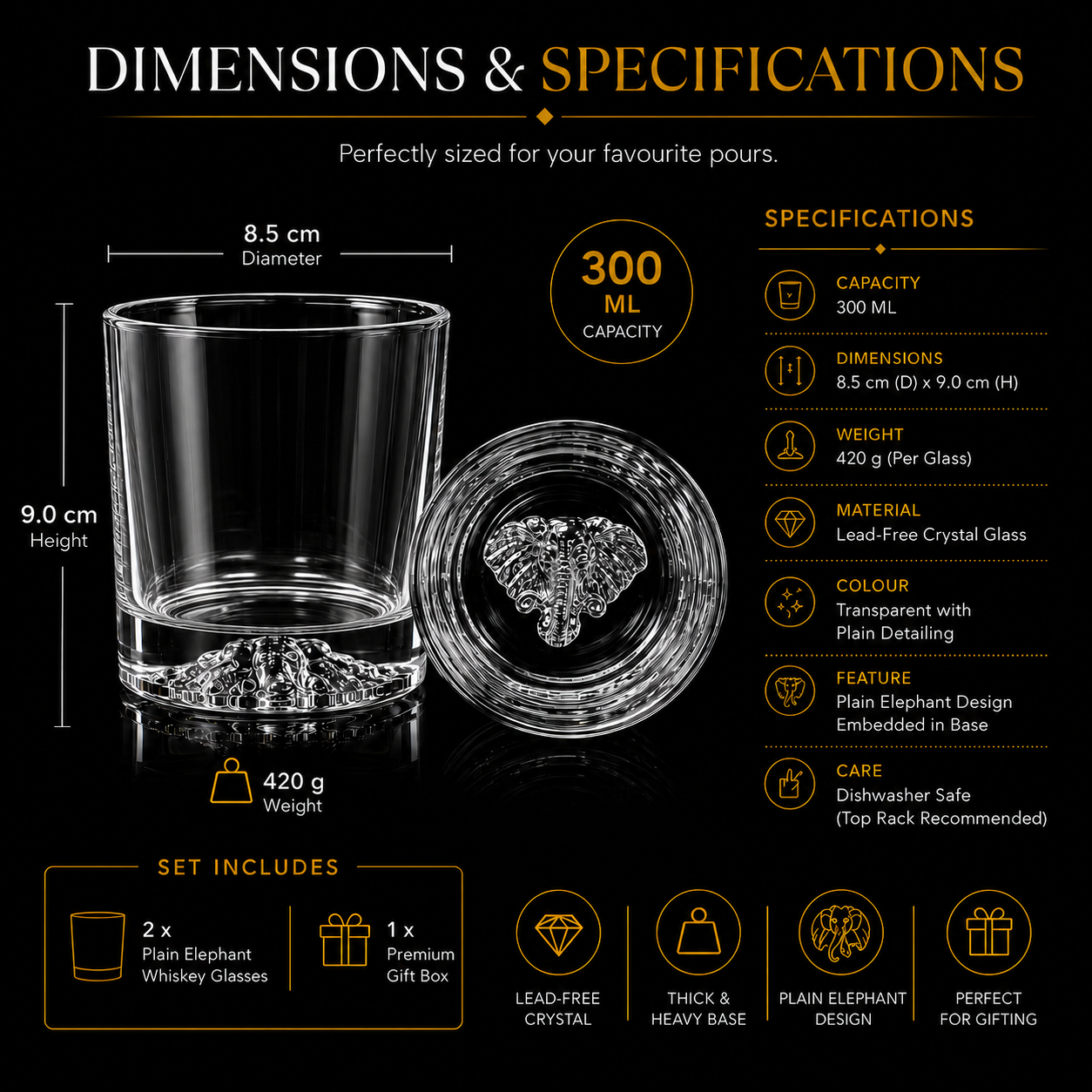 Melbify Plain Elephant Whiskey Glass | 300 ml | Premium | Unique| Big Size | Broad | Animal Whiskey Glass| Old Fashioned Whiskey Glass| High Ball Glass with Thick Bottom
