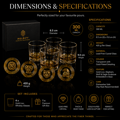 Melbify Gold Animal Combo Whiskey Glasses | Set of 4 | 300 ml | High Balled & Animal Embedded | Ideal for Serving Whiskey, Cognac, Vodka, Gin | Suitable for Home, Restaurants & Bars