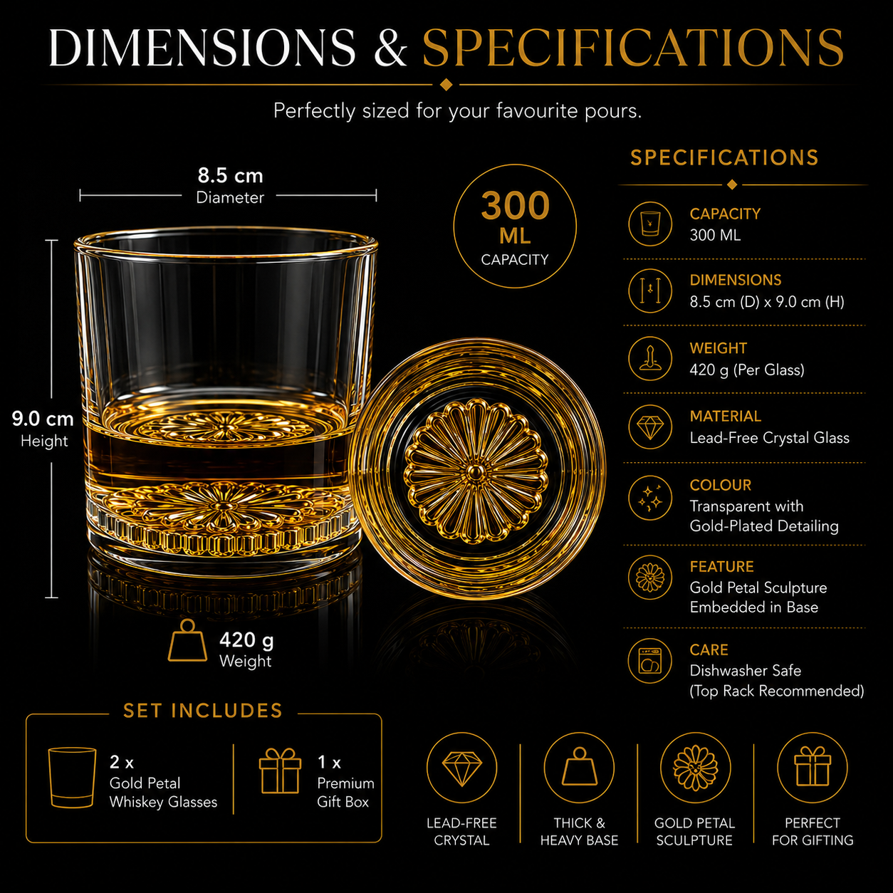 Melbify Italian Petal Whiskey Glasses | Artistic | Elegant | Premium | Royal | Luxurious Designer Whiskey Glasses | High end Expensive Whiskey Glasses with Gold Plated Bottom | 300 ml