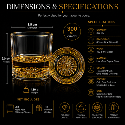 Melbify Italian Petal Whiskey Glasses | Artistic | Elegant | Premium | Royal | Luxurious Designer Whiskey Glasses | High end Expensive Whiskey Glasses with Gold Plated Bottom | 300 ml