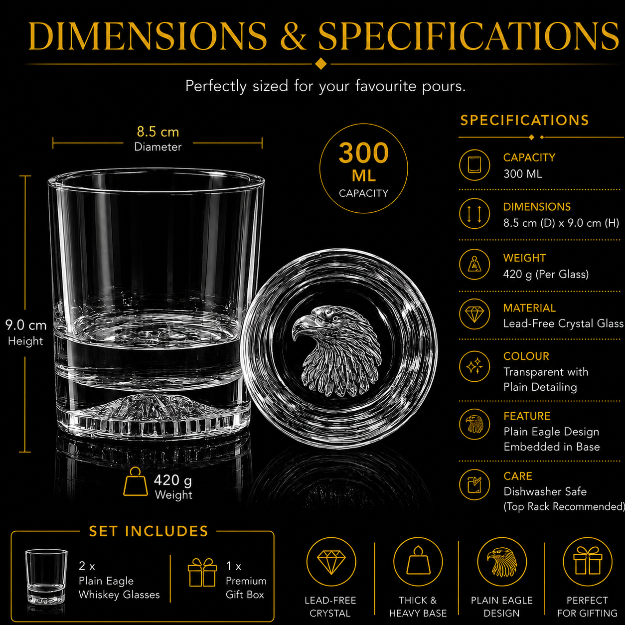Melbify Plain Eagle Whiskey Glass |300 ml | Animal Whiskey Glass | Old Fashioned Whiskey Glass| Premium | Unique| Big| Broad | Round Whiskey Glass with Thick Bottom