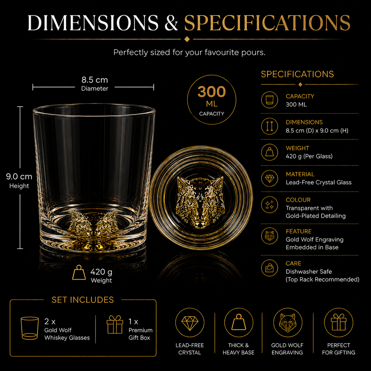 Melbify Wolf Whiskey Glass | 300 ml | Animal Whiskey Glass | Golden Whiskey Glass | Premium | Unique| Big| Broad | Round Whiskey Glass with Thick Bottom