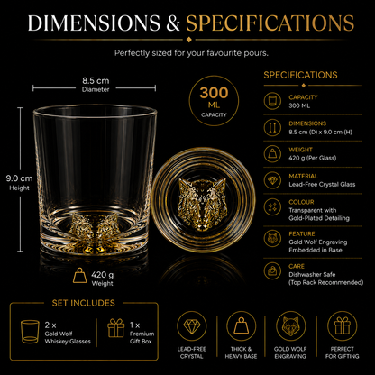 Melbify Wolf Whiskey Glass | 300 ml | Animal Whiskey Glass | Golden Whiskey Glass | Premium | Unique| Big| Broad | Round Whiskey Glass with Thick Bottom