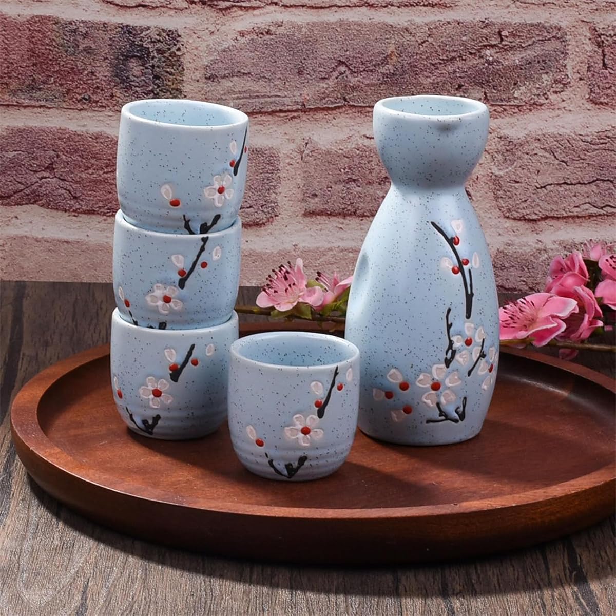 Melbify Japanese Ceramic Sake Serving Set | 1 Pot + 4 Cups| Pot(180 ml) & Cup(45 ml)| Tokkuri Carafe & Cups | Sake Glasses for Drinking