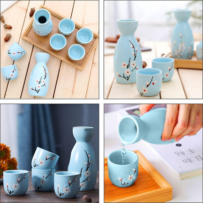 Melbify Japanese Ceramic Sake Serving Set | 1 Pot + 4 Cups| Pot(180 ml) & Cup(45 ml)| Tokkuri Carafe & Cups | Sake Glasses for Drinking