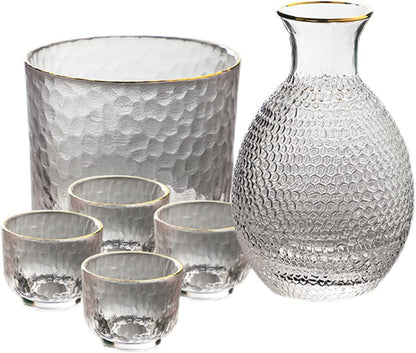 Japanese Sake Glass Set with Chiller Bowl | 6 Pcs Set | Bowl(600ml),Carafe(300ml) & 4 Cups(60 ml)