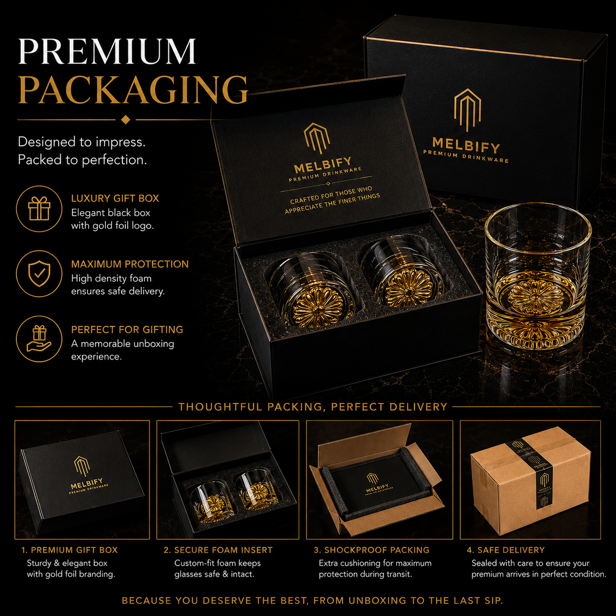 Melbify Italian Petal Whiskey Glasses | Artistic | Elegant | Premium | Royal | Luxurious Designer Whiskey Glasses | High end Expensive Whiskey Glasses with Gold Plated Bottom | 300 ml