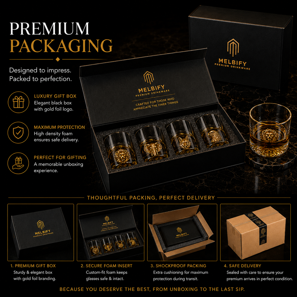 Melbify Gold Animal Combo Whiskey Glasses | Set of 4 | 300 ml | High Balled & Animal Embedded | Ideal for Serving Whiskey, Cognac, Vodka, Gin | Suitable for Home, Restaurants & Bars