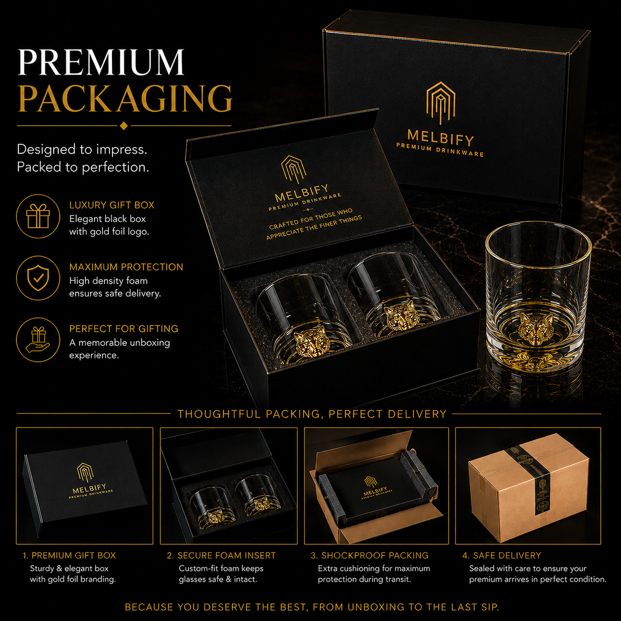 Melbify Wolf Whiskey Glass | 300 ml | Animal Whiskey Glass | Golden Whiskey Glass | Premium | Unique| Big| Broad | Round Whiskey Glass with Thick Bottom