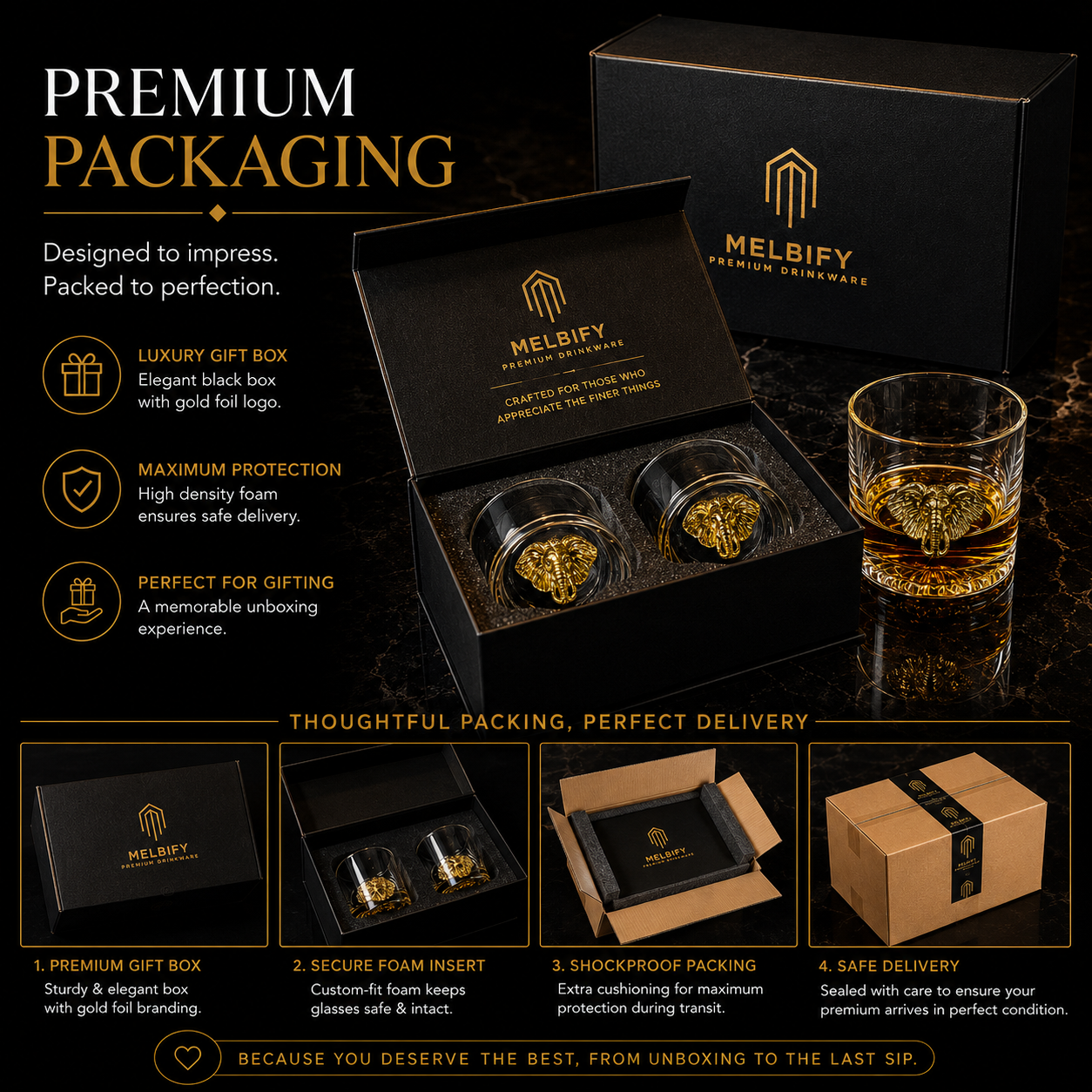 Melbify Elephant Whiskey Glass | 300 ml | Golden Whiskey Glasses|Big| Unique| Broad |Thick| Premium |Thick Bottom | Premium | Speciality Whiskey Glass | Gold Plated