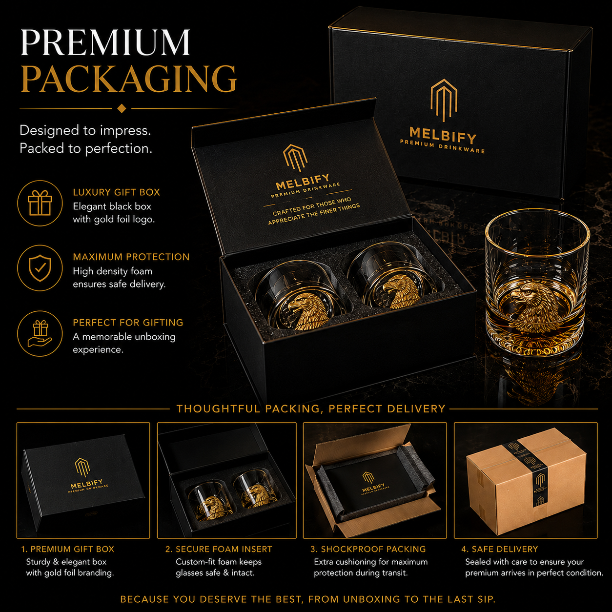 Melbify Eagle Whiskey Glass | 300 ml | Whiskey Glass Set | Golden Whiskey Glasses|Big| Unique| Broad |Thick| Premium | Thick Bottom | Premium | Speciality Whiskey Glass | Gold Plated