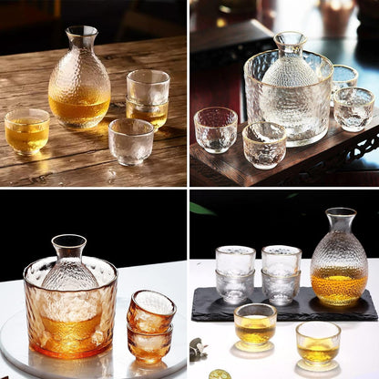 Japanese Sake Glass Set with Chiller Bowl | 6 Pcs Set | Bowl(600ml),Carafe(300ml) & 4 Cups(60 ml)