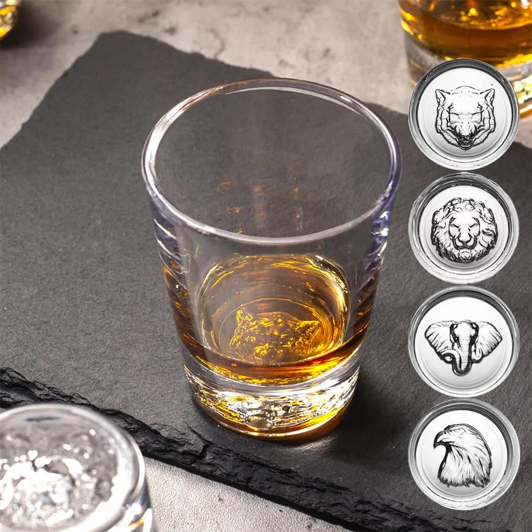 Melbify Animal Pattern Shot Glasses | 50 ML | Set of 4 | Premium | Shot Glass for Vodka, Whiskey, Rum,Tequila, Espressos, Spirits & Liquors | Gift Set