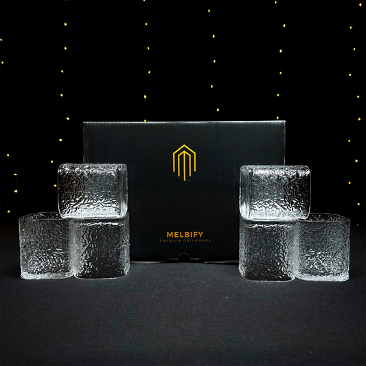 Melbify Japanese Fern Textured Whiskey Glasses Gift Set | 370 ML | 6 PC | Ultra-Premium | Imported | Luxurious | Ideal for Wedding Gifts, Anniversary, VIP and Corporate Gifts