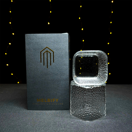 Melbify Japanese Square Hammered Whiskey Glasses Gift Set | 370 ML | 2 PC | Ultra-Premium | Imported | Luxurious | Ideal for Wedding Gifts, Anniversary, VIP and Corporate Gifts