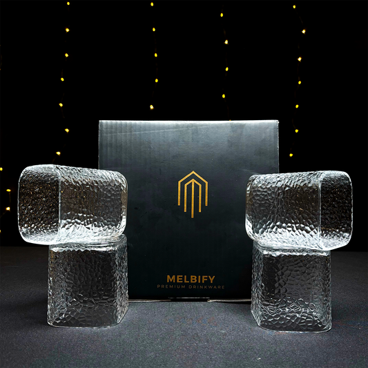 Melbify Japanese Square Hammered Whiskey Glasses Gift Set | 370 ML | 4 PC | Ultra-Premium | Imported | Luxurious | Ideal for Wedding Gifts, Anniversary, VIP and Corporate Gifts