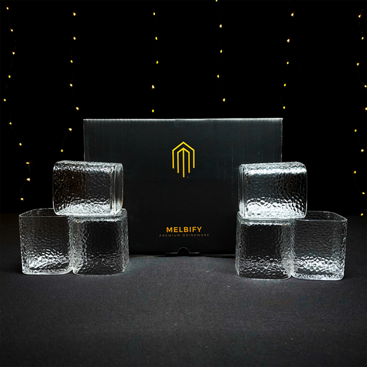 Melbify Japanese Square Hammered Whiskey Glasses Gift Set | 370 ML | 6 PC | Ultra-Premium | Imported | Luxurious | Ideal for Wedding Gifts, Anniversary, VIP and Corporate Gifts