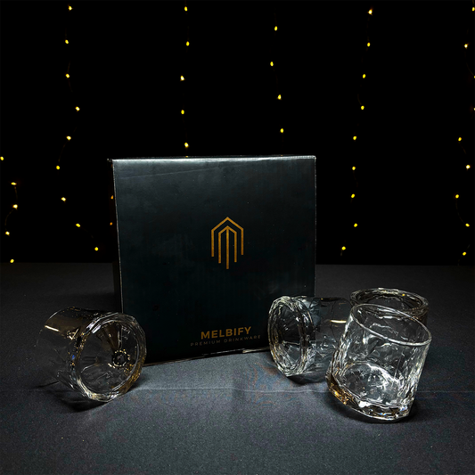 Melbify Diamond-Cut Rotating Whiskey Glasses Gift Set | Set of 4 | Ultra-Premium | Imported | Luxurious | Ideal for wedding gifts, anniversary, VIP and corporate gifts